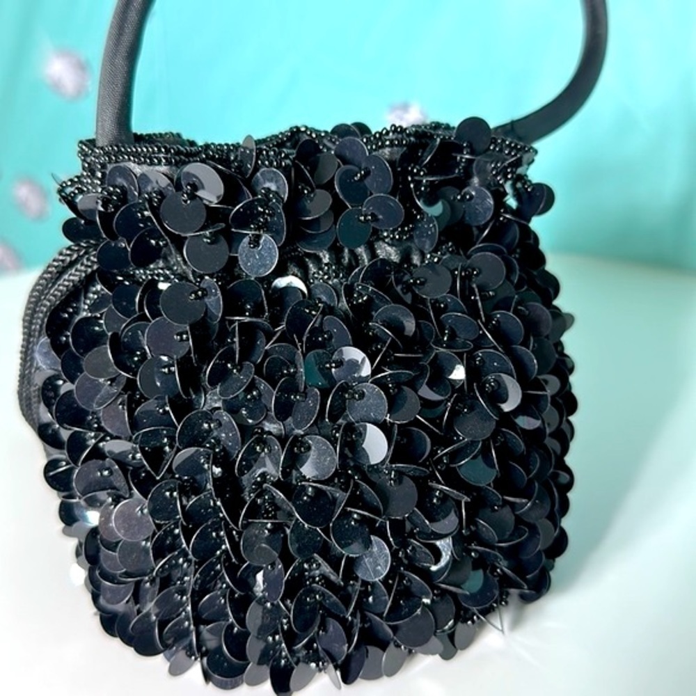 90s Y2K BEADS SEQUINS drawstring bucket bag. Evening bag Holiday dance like New - Picture 8 of 10